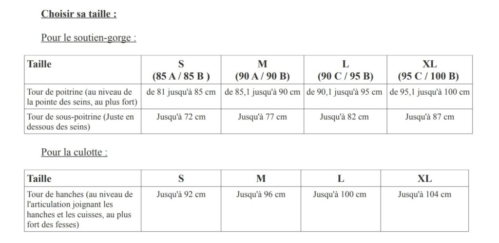 Tableau des tailles pour l'ensemble lingerie Adaline monblabladefille.com